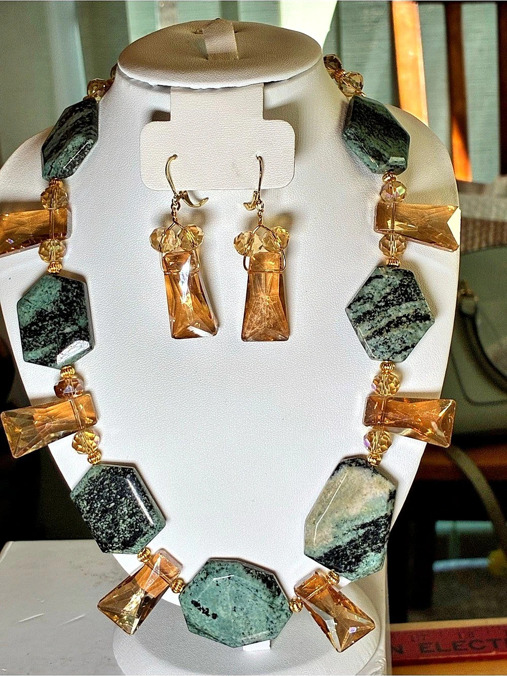 Teal jasper and crystalStatement Necklace Set